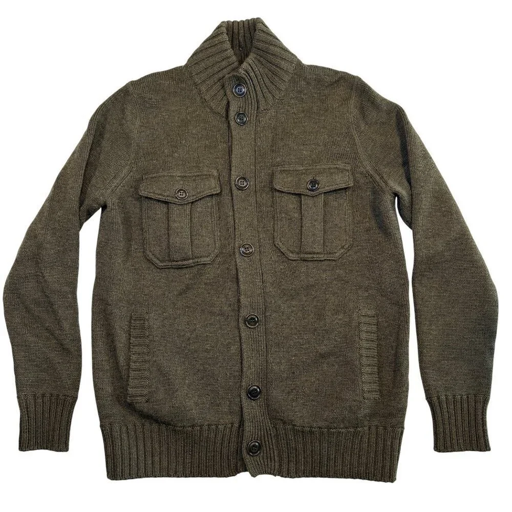 J CREW Wool Military Cardigan Sweater Army Green Small Vintage